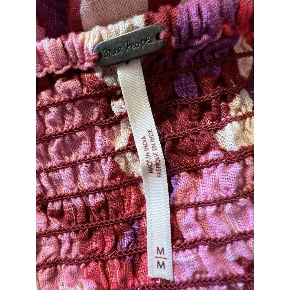 Free People Ariana Smocked Floral Top M Pink Red Balloon Sleeve Cottagecore